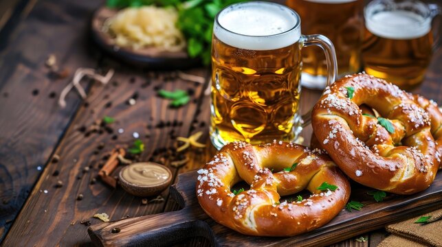 Soft pretzel and bavarian white sausage weisswurst made from minced veal and pork back bacon, mug with beer, crauti or sauerkraut, mustard. German octoberfest lunch