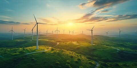 Wind Turbines Harvesting Green Energy in the Heart of European Summer Landscape, Creating an Organic, UHD Impression, Generative AI