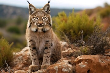 Naklejka na ściany i meble Lynx in the wild. Wild Elegance: Iberian Lynx in Intense Gaze. Generative ai