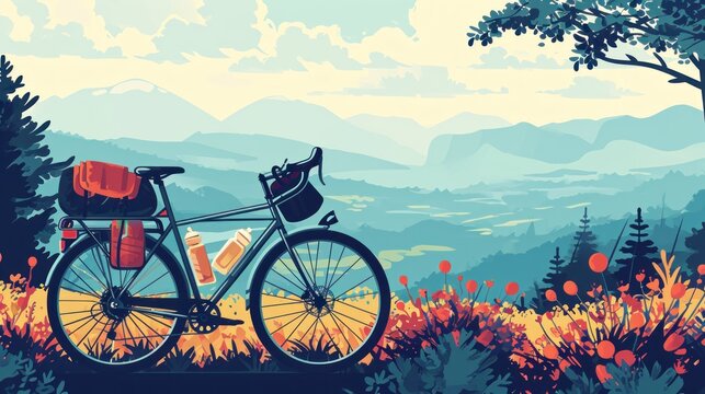  a painting of a bicycle parked in a field with a view of a valley and mountains in the distance with orange flowers in the foreground and a blue sky with clouds.