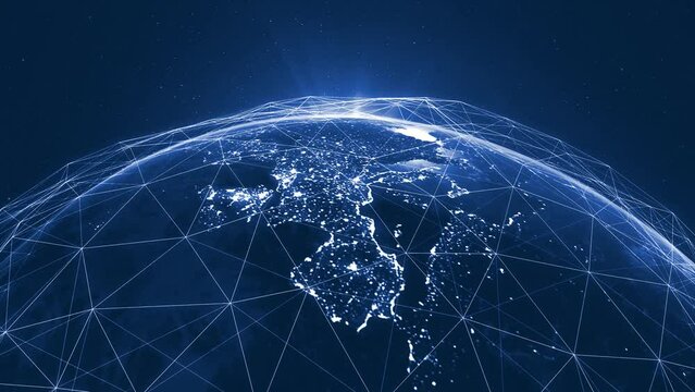 Map of Europe, a global social network. Blue futuristic background with planet earth. Internet and technology. Futuristic plexus background. Global world network and telecommunications. Slow rotation