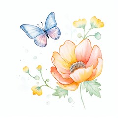 Aquarell Illustration Frühlingsblumen und Schmetterling - obrazy, fototapety, plakaty