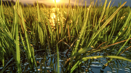 Obraz premium green grass decorated with morning dew.