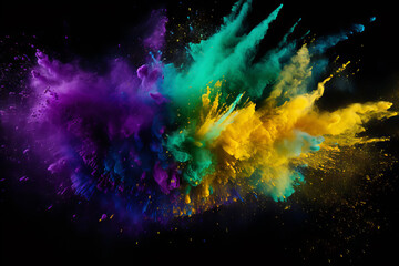 Colored powder explosion. Colorful purple, green, gold colors dust on black background. Holi paint powder splash in colors of Mardi gras carnival - obrazy, fototapety, plakaty