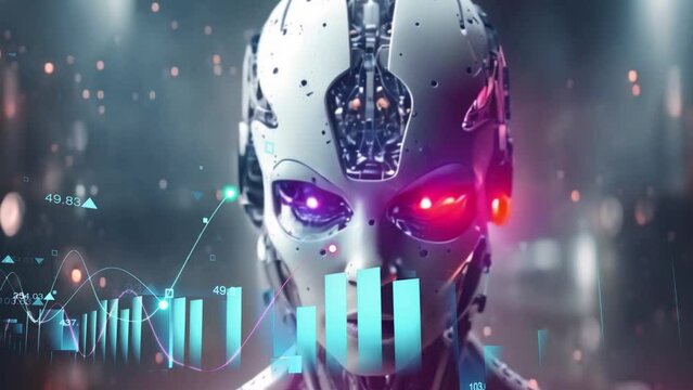 Rostro de humanoide observando y analizando datos, valores de las acciones, hace c&aacute;lculos, es experto en finanzas, prevee el futuro comportamiento del mercado y genera grandes ganancias mediante su IA