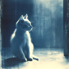 Cyanotype d'un chaton, ambiance douce, tons bleus, chaton de profil - obrazy, fototapety, plakaty