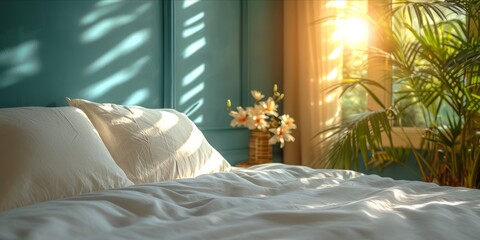 A Close-Up of a White Pillow Resting on a Bed with White Bedding and a Duvet, Set Against the Verdant Greenery, Generative AI