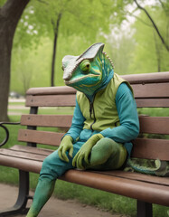 anpropomorphic chameleon man sits on a park bench in spring