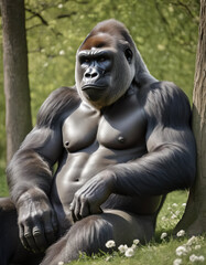 Fototapeta na wymiar gorilla sits in the park under a tree in spring