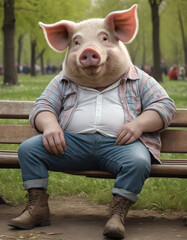anpropomorphic pig man sitting on a park bench in spring