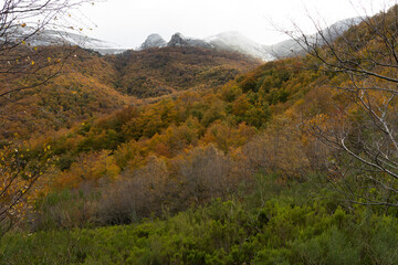 Las Ubiñas la Mesa landscape in Cantabrian mountains with snow and autumn forest