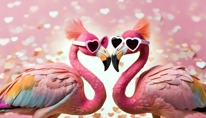 zwei, flamingos, ehepaar, close up, cartoon, hintergrund, copy space, karte, reklame, werbung, sonnenbrille, pink, valentin, day, herzen, liebe, 3d - obrazy, fototapety, plakaty