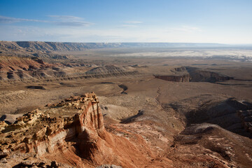 Monument rock view, Mangystau region landscape, Kokesem area, Kazakhstan.