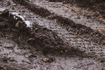 Dirty texture. Wet soggy earth after rain. Mud surface in autumn. Tire marks in dirt. Track for...