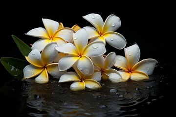 Frangipani immersed in fragrant water against a dark backdrop. Generative AI