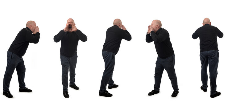 various poses of same man view standing man who is screaming on white background