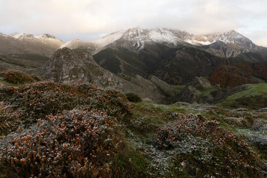 Panorama  at sunset in Babia las ubinas la mesa natural park in northern spain during autumn.