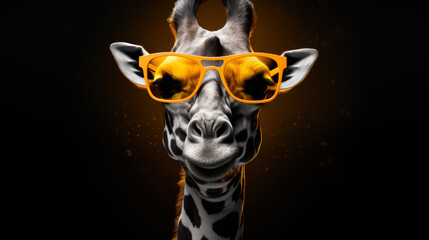 Stylish giraffe in sunglasses on dark background - obrazy, fototapety, plakaty