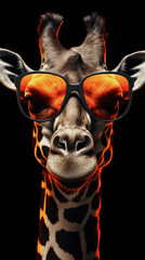 close-up portrait of a giraffe in orange sunglasses on a black background - obrazy, fototapety, plakaty