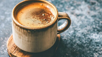 A cup of coffee on a wooden coaster. Generative AI.