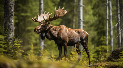 moose with majestic antlers in a clearing of a forest. side view