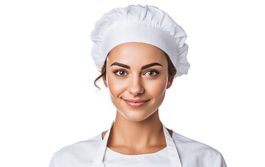 A woman participating in a cooking show. A woman in a cooking dress isolated on transparent background.
