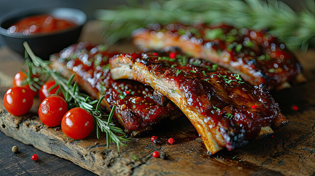 Sliced BBQ spare ribs with sauce displayed on wooden cutting board and sprinkled with green herbs