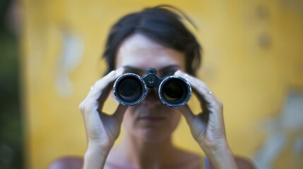 A woman looking through binoculars. Generative AI.