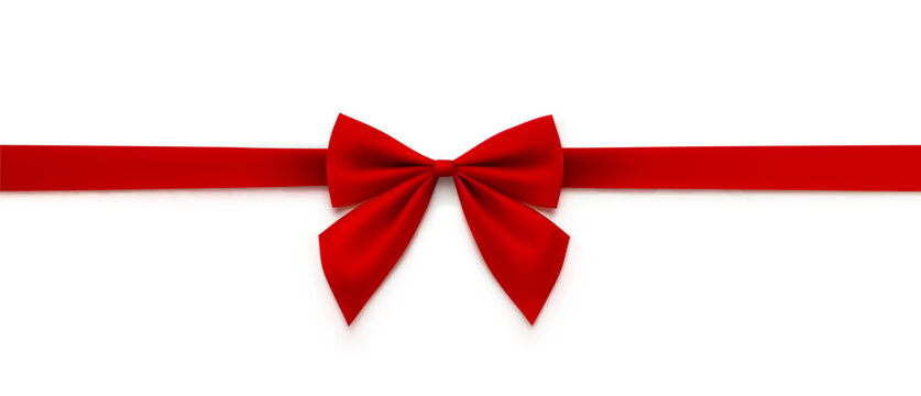 Bow isolated on white background. Vector Christmas red satin ribbon with shadow. 3d realistic present decor or xmas gift wrap element template