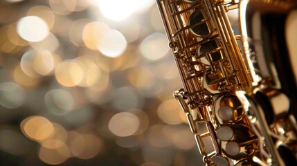 A saxophone is shown in front of a blurry background. Generative AI.