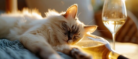 A cat laying on a bed next to a glass of wine. Generative AI. - Powered by Adobe