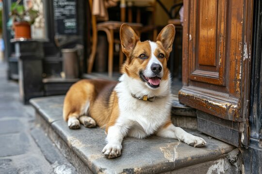 A Welsh Corgi dog sitting on the steps of a restaurant. Generative AI.