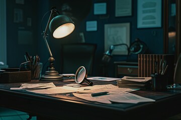Vintage still life with old papers, magnifier, books and a lamp on the table. A cinematic shot capturing a detective's office with a single desk lamp illuminating scattered papers 