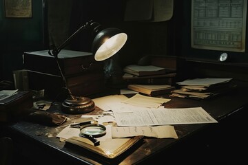 Vintage still life with old papers, magnifier, books and a lamp on the table. A cinematic shot capturing a detective's office with a single desk lamp illuminating scattered papers 
