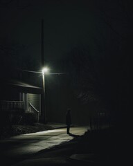 A man standing in a foggy street at night looking at a street lamp