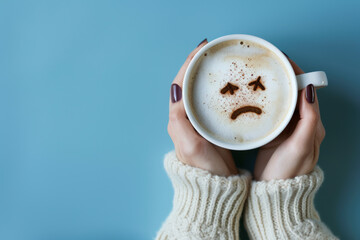 Woman hands holding coffee cup with sad face drawn on coffee. on blue background with copy space....