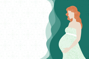 A teal illustration of a pregnant redheaded woman and copy space, in a cut paper style with textures
 - obrazy, fototapety, plakaty