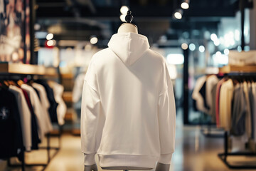 photo of a white hoodie on mannequin inside of clothing store