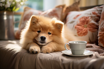 cute fluffy dog lies on the sofa with a cup of coffee