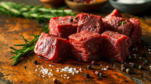 raw beef cut into cubes on wooden cutting board surrounds by herb seasoning
