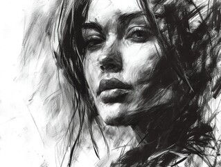 Charcoal sketch technique. Portrait of a beautiful woman.