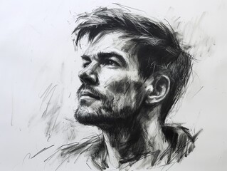 Portrait of a man sketched with charcoal technique