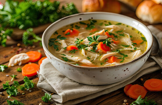 bowl of chicken soup with carrots and herbs 