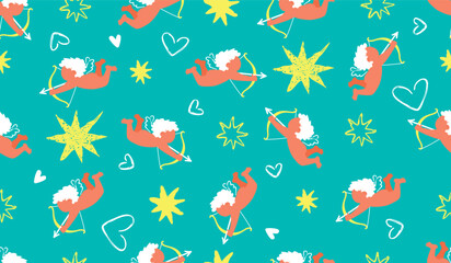 Funny seamless pattern with Cupid shooting arrows.Romantic background with cartoon angel,rough white hearts and freehand yellow stars.Valentine's Day  print on fabric and paper.Vector illustration.
