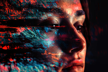 Closeup portrait of young woman with double exposure effect, glitch elements