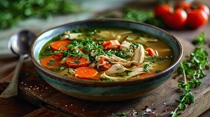 bowl of chicken soup with carrots and herbs 