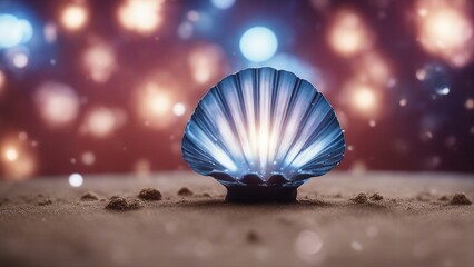 shell on the beach  near exploding star, exploding star,   form of seashell  - obrazy, fototapety, plakaty