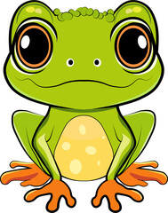 illustration of a frog sitting, smiling with big eyes, 2d vector, transparent background, png