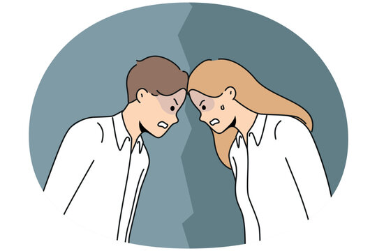 Angry man and woman confrontation at workplace. Furious male and female rivals or competitors fight at work. Rivalry and competition. Vector illustration.