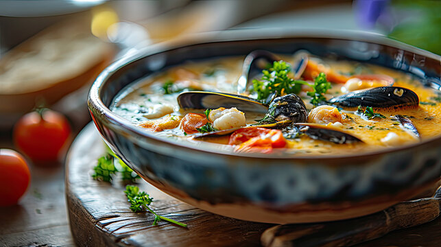 bowl of clam chowder with shells sprinkled with herbs and seasoning 